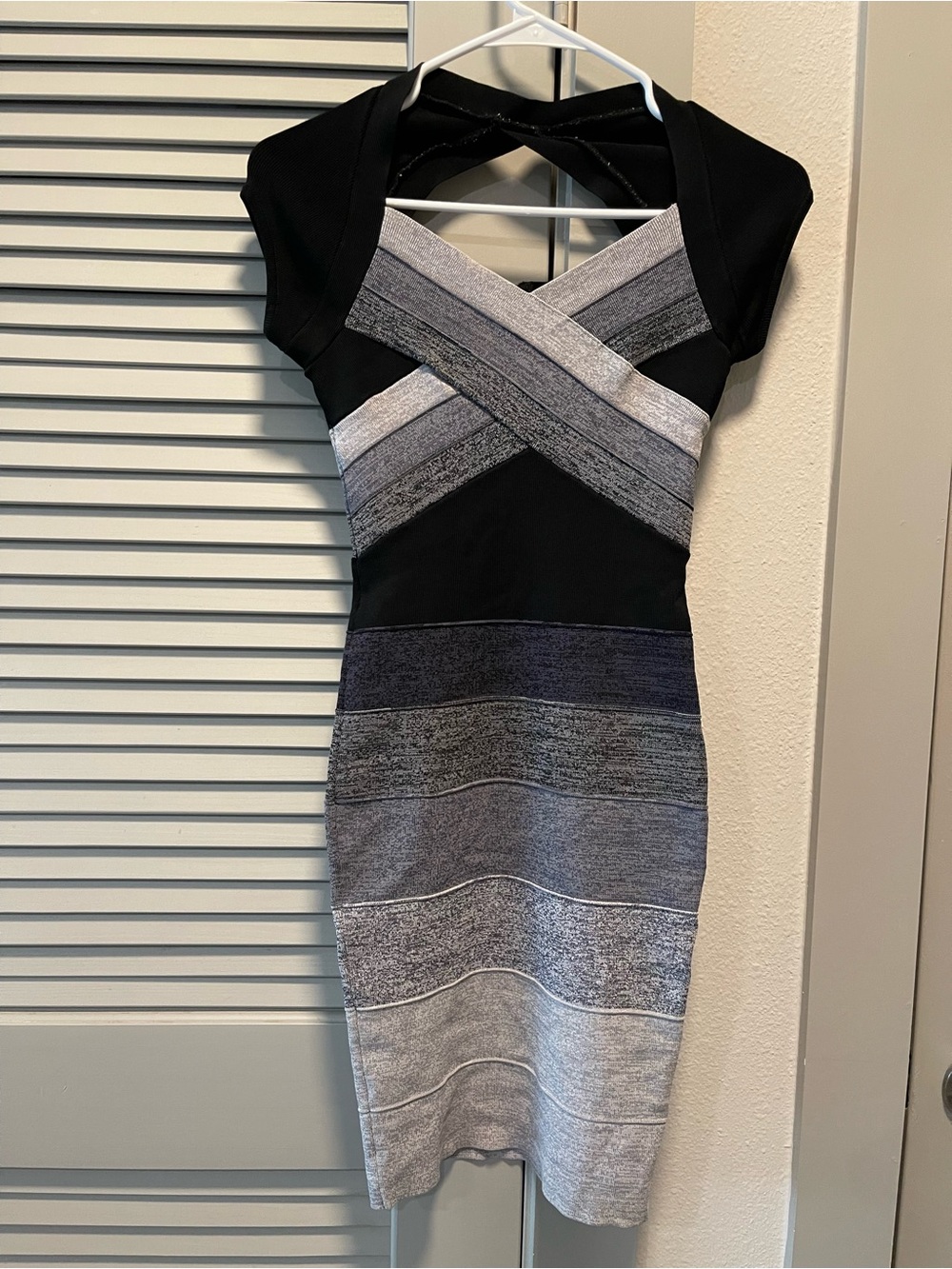 Guess by Marciano Black and Gray Striped Midi Bodycon Dress